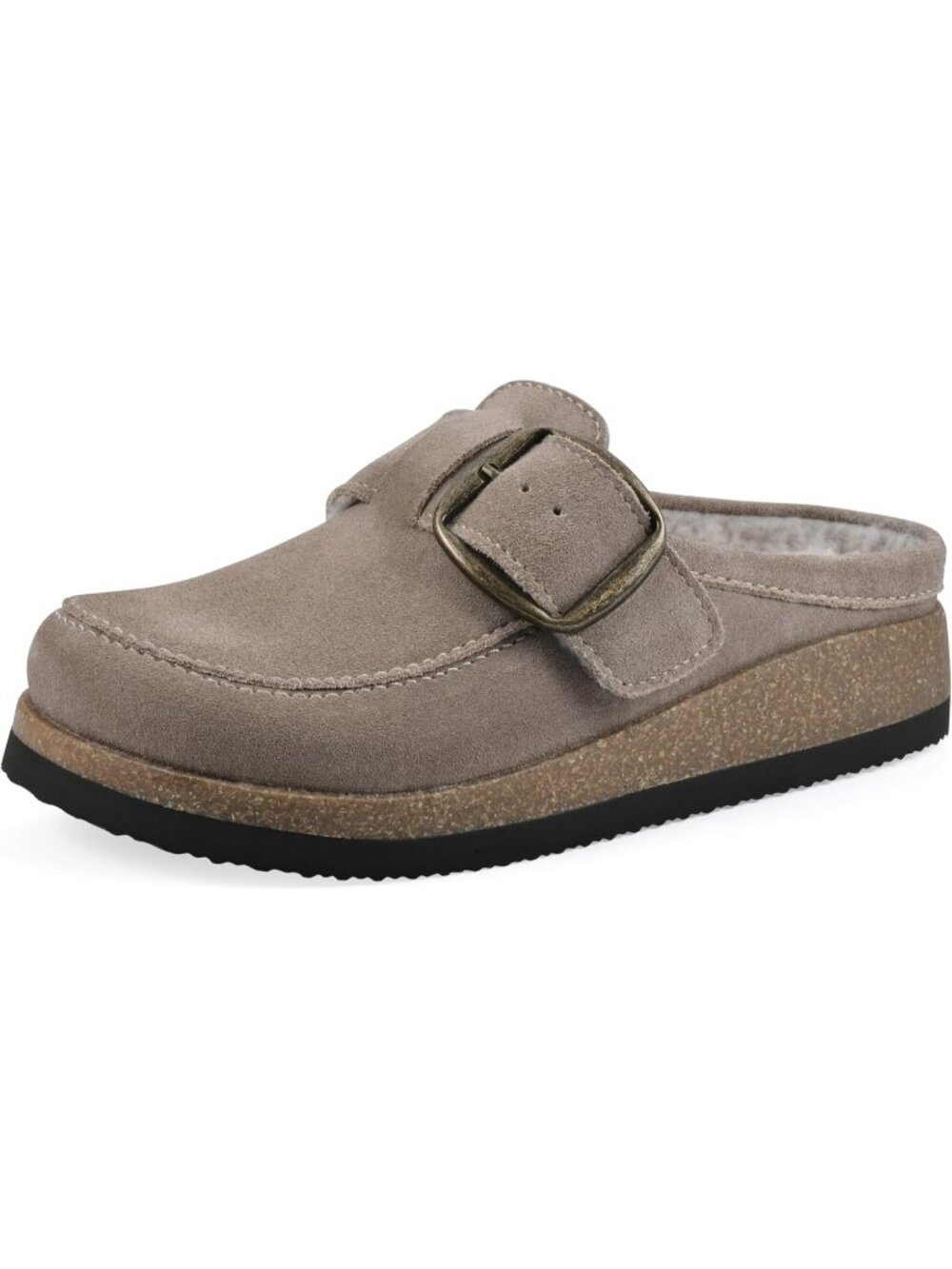 🆕Women's Taupe 1 Suede Leather Big Buckle Foot bed Clogs Flat Slip On Mules